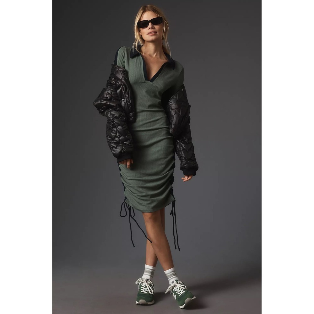Anthropologie Daily Practice Women Dress L Green Ribbed Ruched Polo Colorblock - Picture 1 of 14